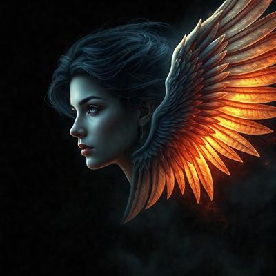 The primary subject of the image is a woman with a winged head, which is a digital art or illustration. The setting is a dark background, and the visual style is a combination of digital art and drawing. The colors and mood of the image are predominantly dark, with the woman's winged head being the main focal point.